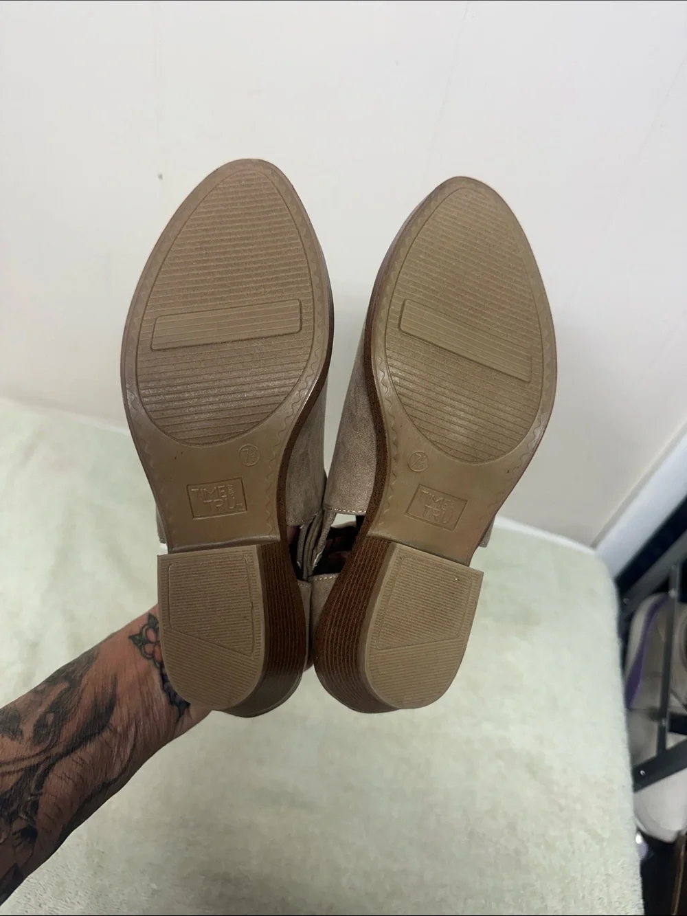 Time and Tru Taupe Suede like Ankle Booties with Side Buckle